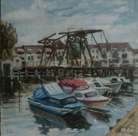 Wiecker Bruecke, Greifswald, original Öl Gemälde, 30 x30 cm