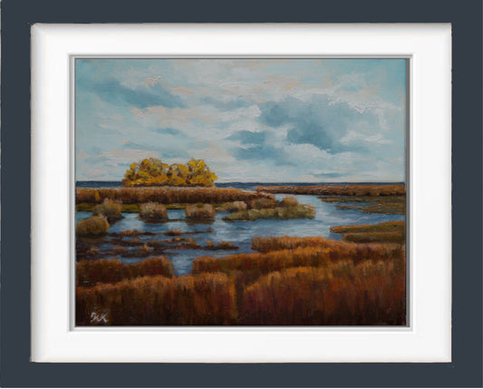 Landschaft am Bodden, Original-Kunst, Landschaftsmalerei, Wiesen, Felder, Wohnzimmer Dekor, große Wandkunst, Geschenk Ideen, Schilf