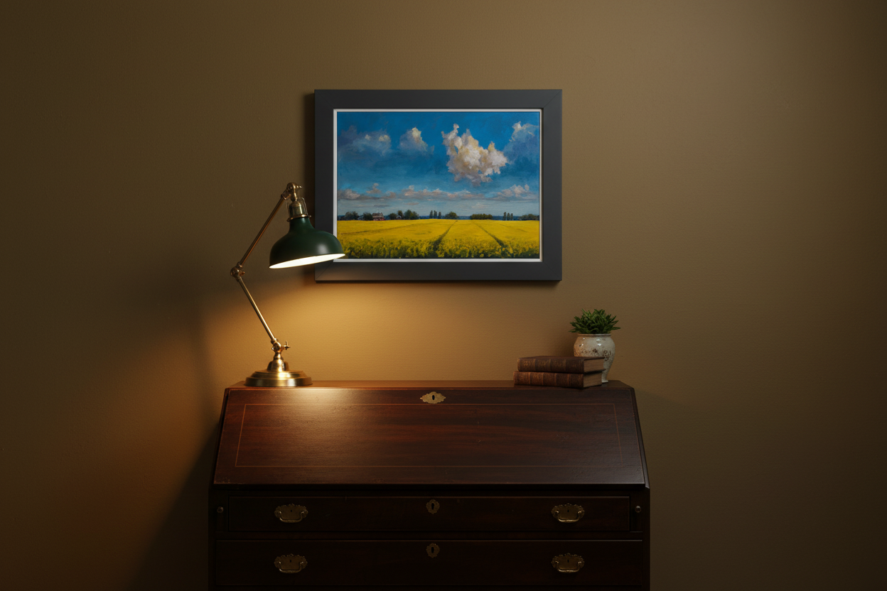 Originale Ölmalerei Rapsfeld und Wolke, 30 x 40 cm, Landschaftsgemälde auf Leinwand von Klaus Krege