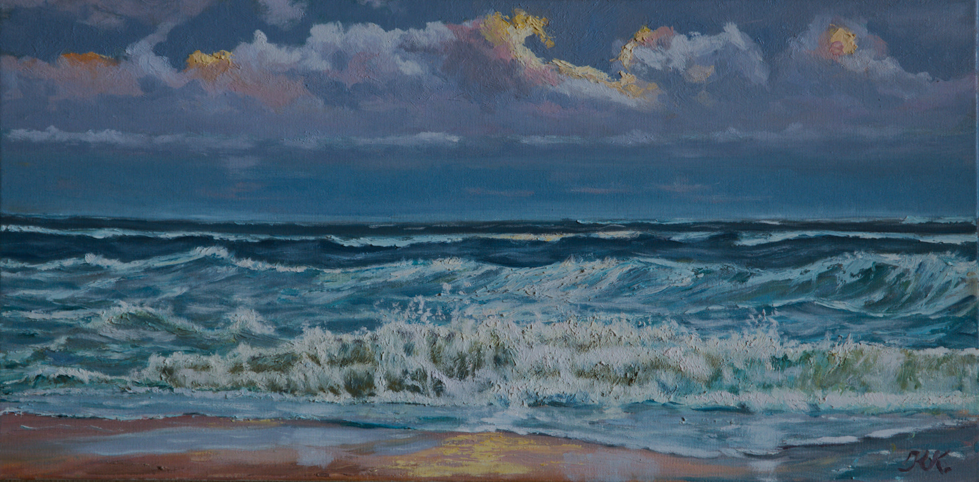 BrandungAmAbend, originales Öl-Gemälde von Klaus Krege, 40 x 80 cm