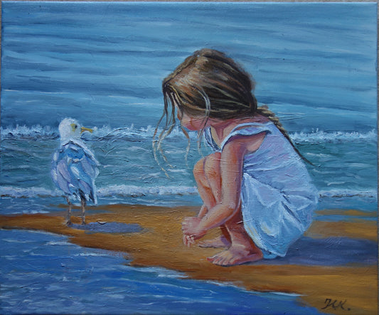 Conversation between a seagull and a little girl, Malerei, Möwen, Bilder vom Meer, Original-Kunst, Ostsee,  Strand, Meer, , Wandkunst, sea