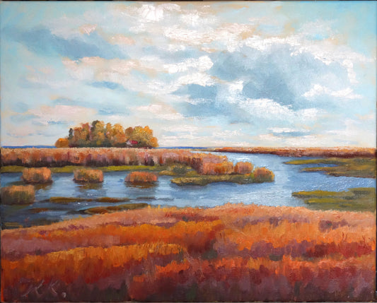 Landschaft am Bodden, Original-Kunst, Landschaftsmalerei, Wiesen, Felder, Wohnzimmer Dekor, große Wandkunst, Geschenk Ideen, Schilf