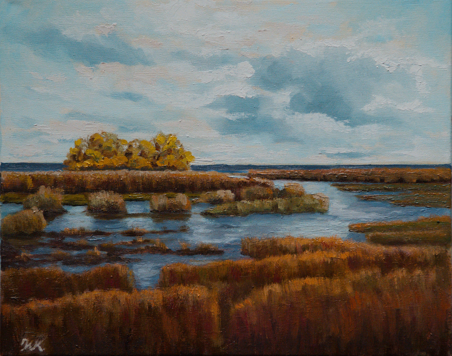 Landschaft am Bodden, Original-Kunst, Landschaftsmalerei, Wiesen, Felder, Wohnzimmer Dekor, große Wandkunst, Geschenk Ideen, Schilf