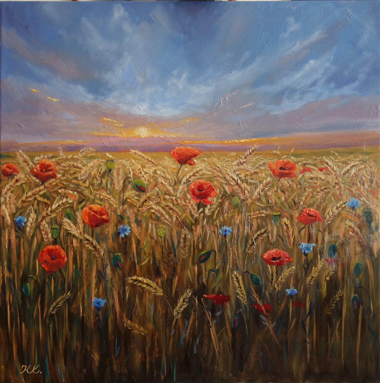 poppies in the evening light Original-Kunst, Landschaftsmalerei, Wiesen, Felder, Wohnzimmer Dekor, große Wandkunst, Geschenk Ideen, Mohn