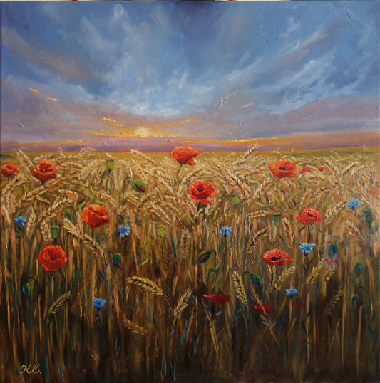 poppies in the evening light Original-Kunst, Landschaftsmalerei, Wiesen, Felder, Wohnzimmer Dekor, große Wandkunst, Geschenk Ideen, Mohn
