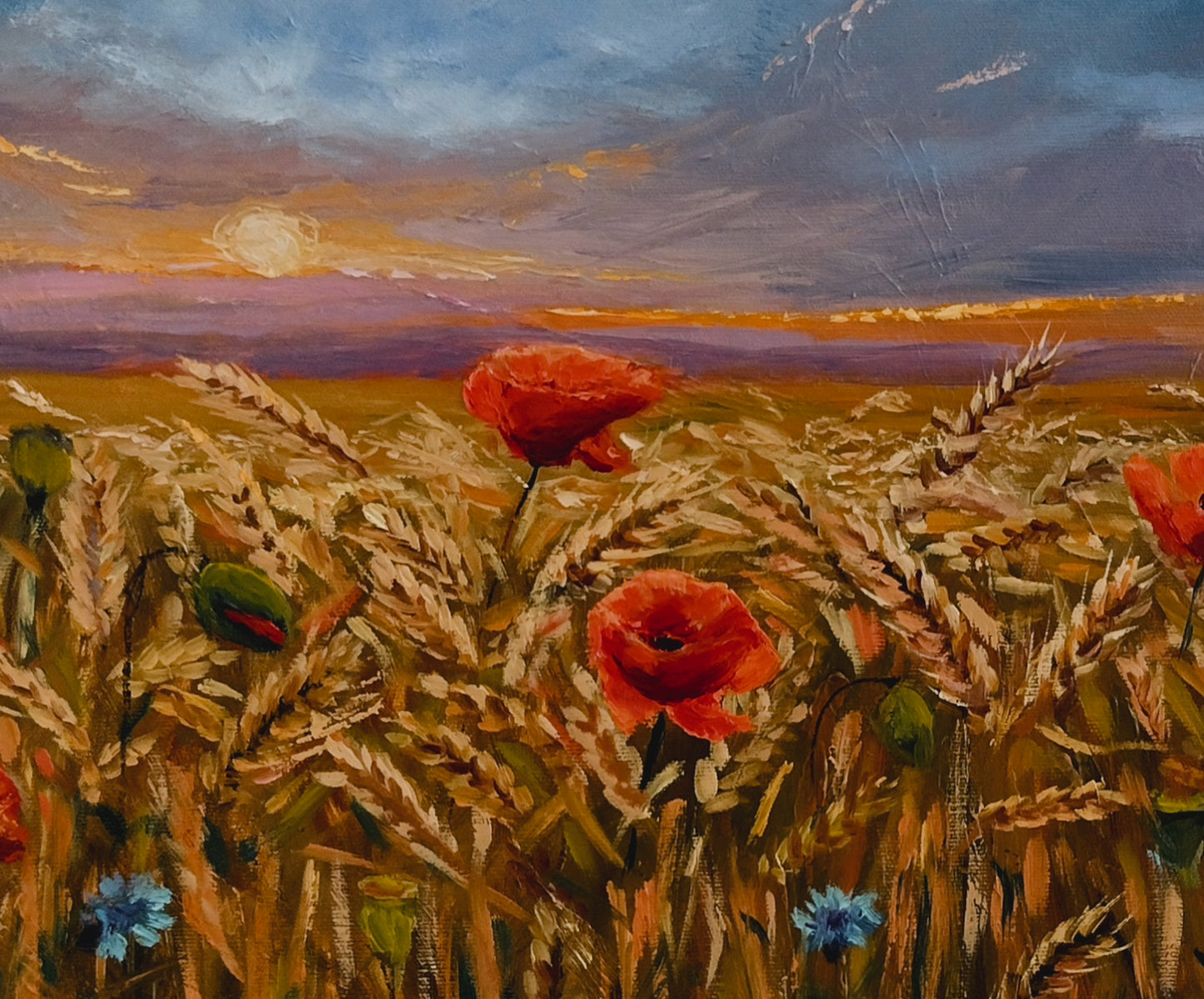 poppies in the evening light Original-Kunst, Landschaftsmalerei, Wiesen, Felder, Wohnzimmer Dekor, große Wandkunst, Geschenk Ideen, Mohn