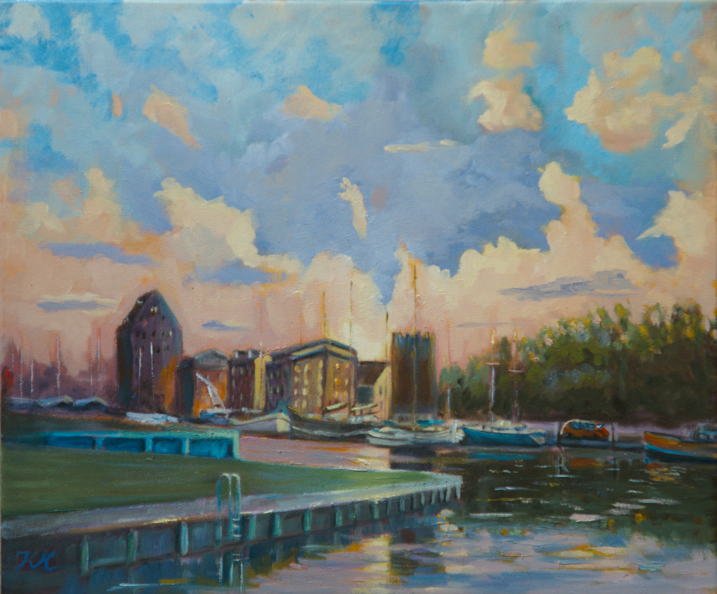 Museumshafen Greifswald am Morgen, originales Ölgemälde von KlausKrege, 50 x 60cm