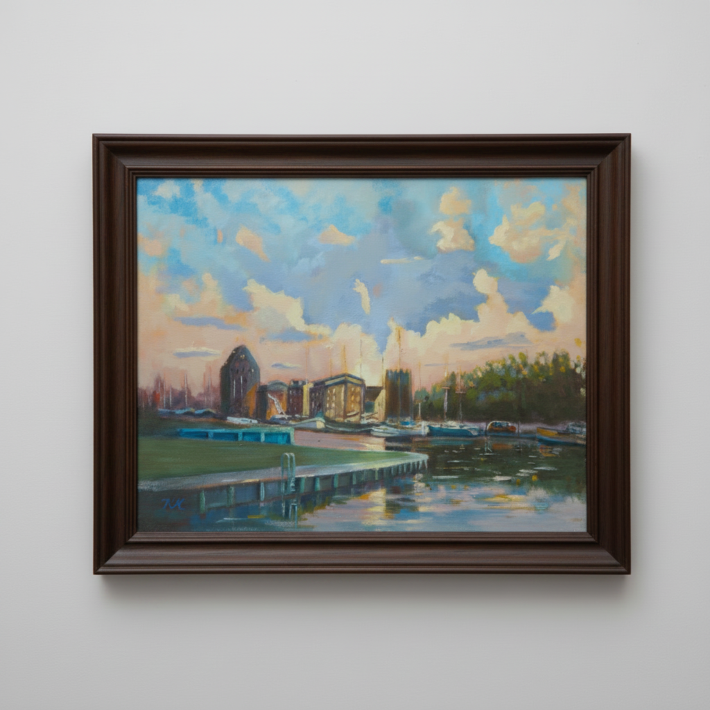 Museumshafen Greifswald am Morgen, originales Ölgemälde von KlausKrege, 50 x 60cm