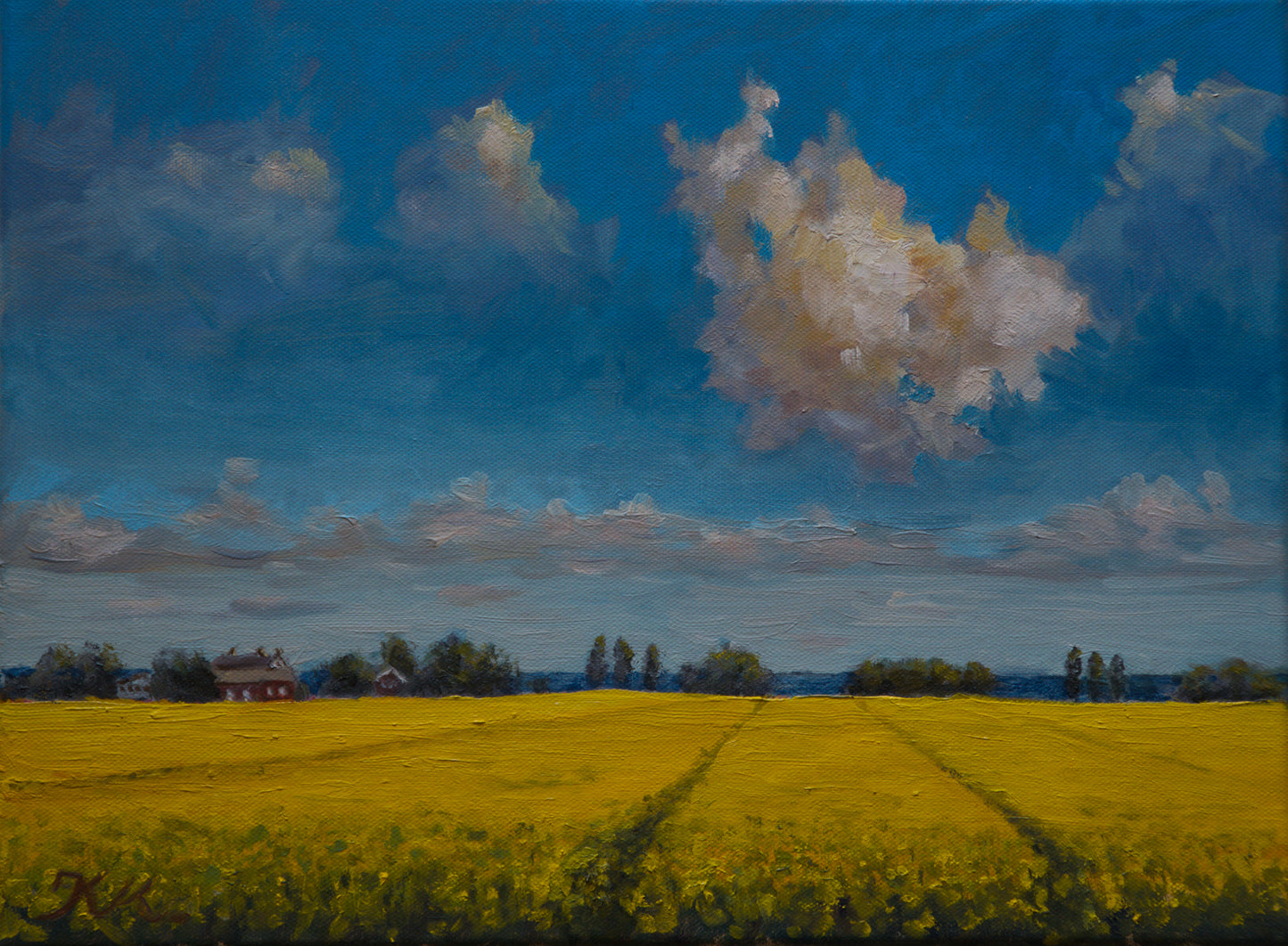 Originale Ölmalerei Rapsfeld und Wolke, 30 x 40 cm, Landschaftsgemälde auf Leinwand von Klaus Krege