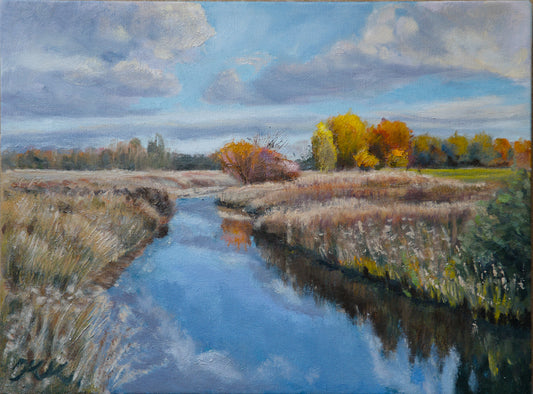 Originales Ölgemälde auf Leinwand, 30×40 cm – Ryckgraben bei Greifswald im Spätsommer, Klaus Krege 2025